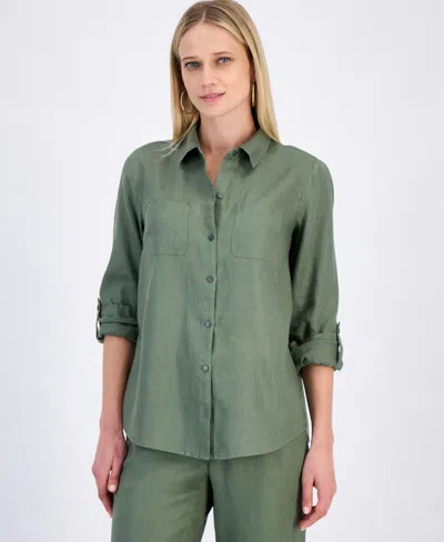 Charter Club Women's 100% Linen Shirt, Created For Macy's In Cool Olive