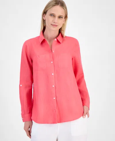 Charter Club Petite 100% Linen Button-front Shirt, Created For Macy's In Coral Flas