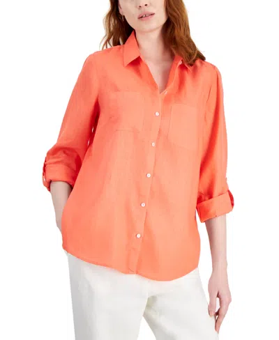Charter Club Petite 100% Linen Button-front Shirt, Created For Macy's In Bubble Bath
