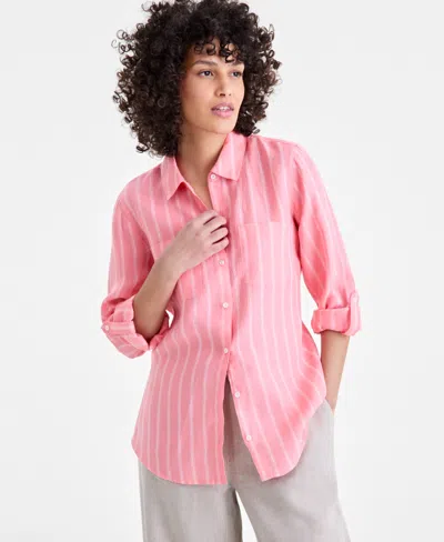 Charter Club Women's 100% Linen Shirt, Created For Macy's In Coral Stripe