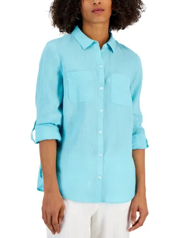 Charter Club Women's 100% Linen Shirt, Created For Macy's In Light Pool Blue