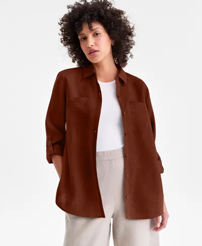 Charter Club Women's 100% Linen Shirt, Created For Macy's In Moroccan Brown
