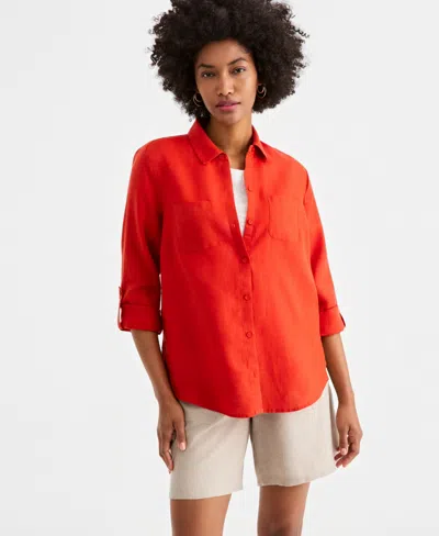 Charter Club Women's 100% Linen Shirt, Created For Macy's In Orange