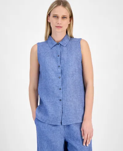 Charter Club Women's 100% Linen Sleeveless Button-front Shirt, Exclusively At Macy's In Blue Ocean