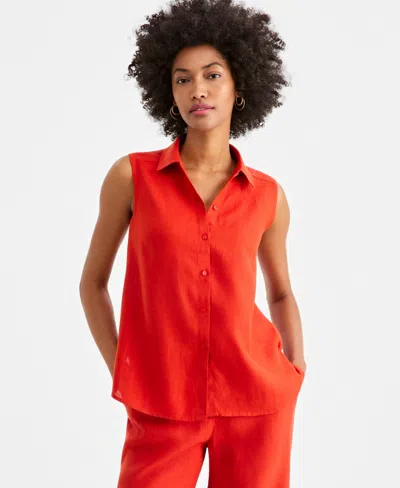 Charter Club Women's 100% Linen Sleeveless Button-front Shirt, Exclusively At Macy's In Orange