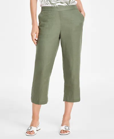 Charter Club Women's 100% Linen Solid Cropped Pull-on Pants, Created For Macy's In Cool Olive