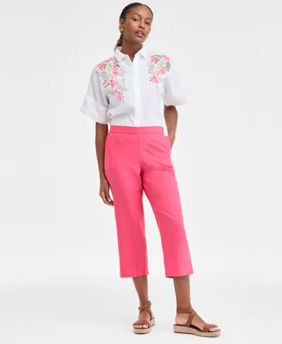 Charter Club Women's 100% Linen Solid Cropped Pull-on Pants, Created For Macy's In Coral Flash