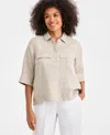 Charter Club Women's 100% Linen Solid Half-placket Elbow-sleeve Blouse, Macy's Exclusive In Brown