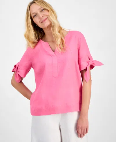Charter Club Women's 100% Linen Split-neck Tie-cuff Top, Created For Macy's