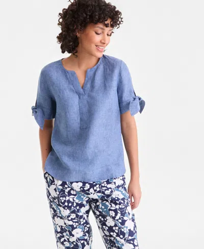 Charter Club Womens 100 Linen Split Neck Tie Cuff Top Created For Macys In Blue