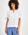 Charter Club Petite 100% Linen Split-neck Tie Sleeve Top, Created For Macy's In Citrus Blast