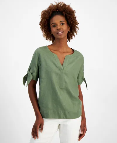 Charter Club Petite 100% Linen Split-neck Tie Sleeve Top, Created For Macy's In Cool Olive