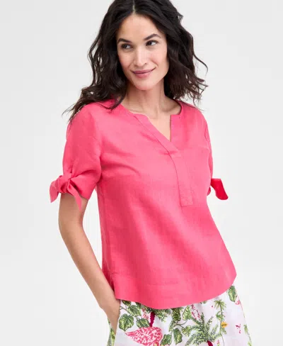 Charter Club Women's 100% Linen Split-neck Tie-cuff Top, Created For Macy's In Coral Flash