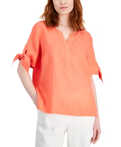 Charter Club Women's 100% Linen Split-neck Tie-cuff Top, Created For Macy's In Coral Punch