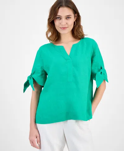 Charter Club Women's 100% Linen Split-neck Tie-cuff Top, Created For Macy's In Green