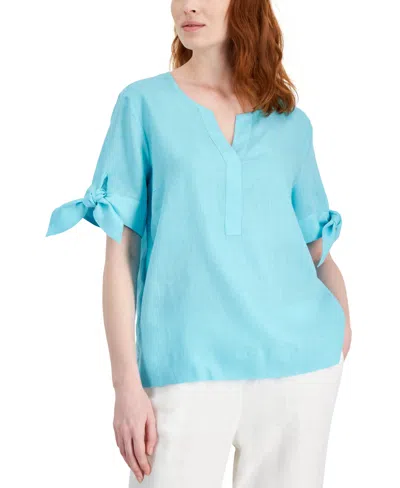 Charter Club Women's 100% Linen Split-neck Tie-cuff Top, Created For Macy's In Light Pool Blue