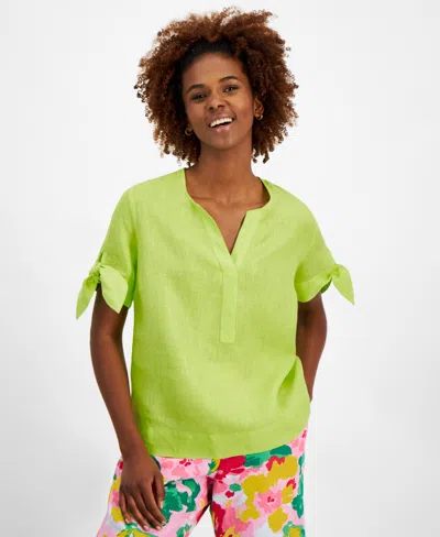 Charter Club Women's 100% Linen Split-neck Tie-cuff Top, Created For Macy's In Lime Boost