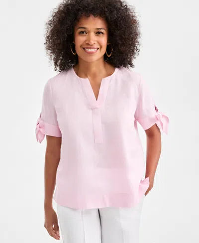 Charter Club Women's 100% Linen Split-neck Tie-cuff Top, Created For Macy's In Pink