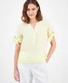 Charter Club Women's 100% Linen Split-neck Tie-cuff Top, Created For Macy's In Yellow