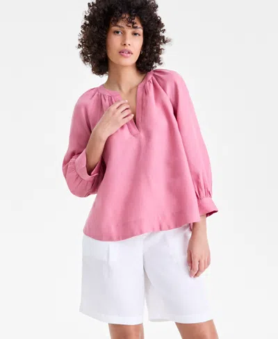 Charter Club Women's 100% Linen Split-neck 3/4-sleeve Blouse, Macy's Exclusive In Pink