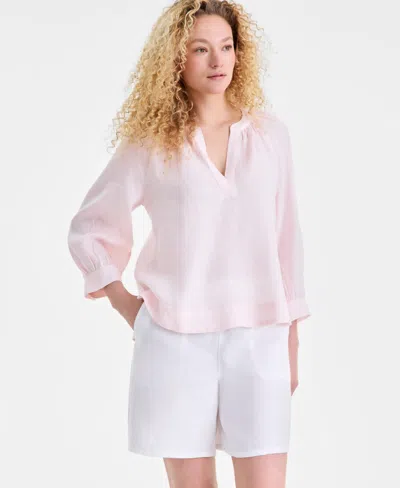 Charter Club Women's 100% Linen Split-neck 3/4-sleeve Blouse, Macy's Exclusive In Pink