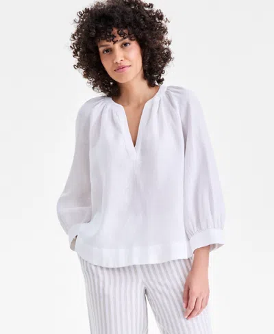 Charter Club Women's 100% Linen Split-neck 3/4-sleeve Blouse, Macy's Exclusive In White