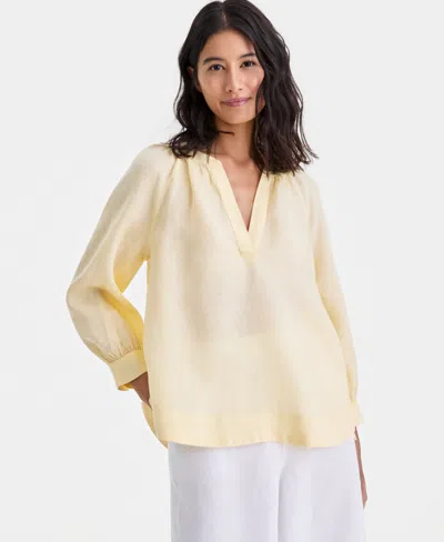 Charter Club Women's 100% Linen Split-neck 3/4-sleeve Blouse, Macy's Exclusive In Yellow
