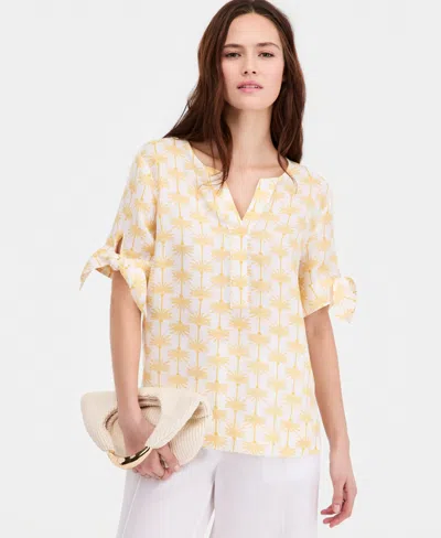 Charter Club Women's 100% Linen Split-neck Tie-cuff Top, Created For Macy's In Yellow