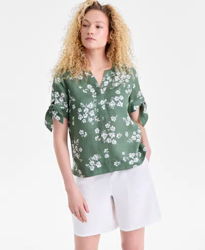 Charter Club Women's 100% Linen Split-neck Tie-cuff Top, Created For Macy's In Green