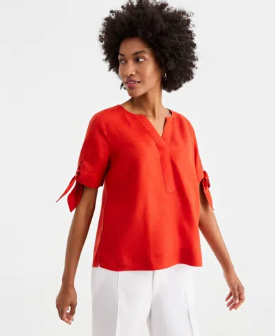 Charter Club Women's 100% Linen Split-neck Tie-cuff Top, Created For Macy's In Red
