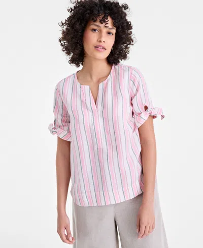 Charter Club Womens 100 Linen Split Neck Tie Cuff Top Created For Macys In Pink