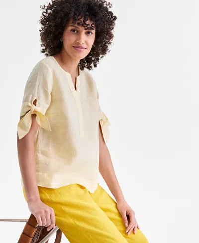Charter Club Women's 100% Linen Split-neck Tie-cuff Top, Created For Macy's In Yellow