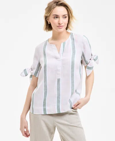 Charter Club Women's 100% Linen Striped Tie-cuff Top, Exclusively At Macy's In Bright White
