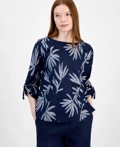 Charter Club Women's 100% Linen Textured Palm-print Top, Exclusively At Macy's In Intrepid Blue