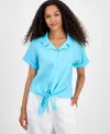 Charter Club Women's 100% Linen Tie-front Shirt, Created For Macy's In Blue