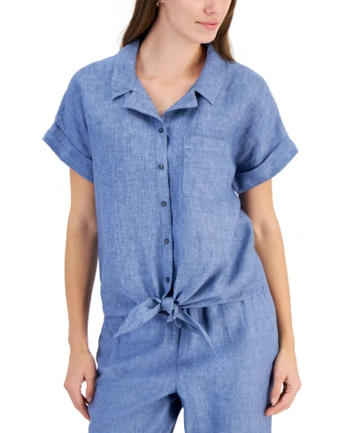 Charter Club Women's 100% Linen Delave Eyelet Top, Created For Macy's In Blue Ocean Combo
