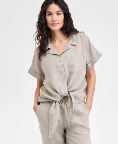 Charter Club Women's 100% Linen Tie-front Shirt, Created For Macy's In Flax Combo