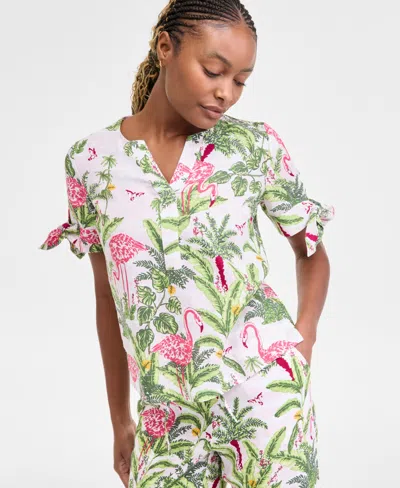 Charter Club Women's 100% Linen Tied-sleeve Palm Shirt, Exclusively At Macy's In Palm Beach