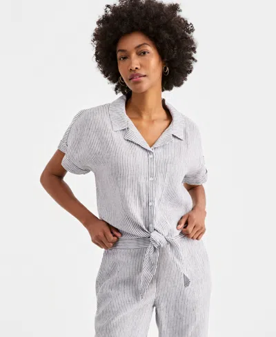 Charter Club Women's 100% Linen Tie-front Shirt, Created For Macy's In Gray