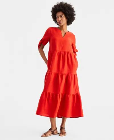 Charter Club Women's 100% Linen Tie-sleeve Tiered Midi Dress, Created For Macy's In Red