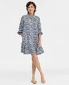 Charter Club Women's 100% Linen Tile Button-front 3/4-sleeve Dress, Macy's Exclusive In Blue