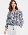 Charter Club Women's 100% Linen Tile On-off-shoulder 3/4-sleeve Top, Macy's Exclusive In Black