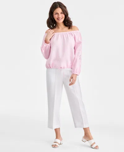 Charter Club Women's 100% Linen Tile On-off-shoulder 3/4-sleeve Top, Macy's Exclusive In Pink