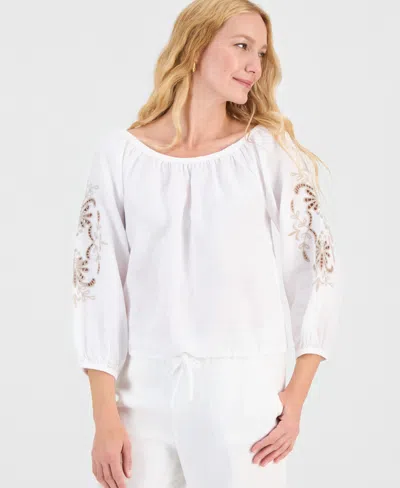 Charter Club Women's 100% Linen Tile On-off-shoulder 3/4-sleeve Top, Macy's Exclusive In White