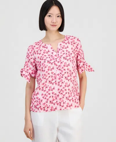 Charter Club Women's 100% Linen Tile Tie-cuff Split-neck Top, Macy's Exclusive In Pink