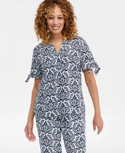 Charter Club Women's 100% Linen Tile Tie-cuff Split-neck Top, Macy's Exclusive In Gray