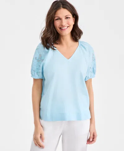 Charter Club Women's 100% Linen V-neck Applique-sleeve Top, Macy's Exclusive In Blue