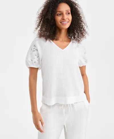 Charter Club Women's 100% Linen V-neck Applique-sleeve Top, Macy's Exclusive In White