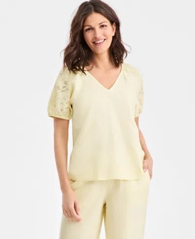 Charter Club Women's 100% Linen V-neck Applique-sleeve Top, Macy's Exclusive In Yellow
