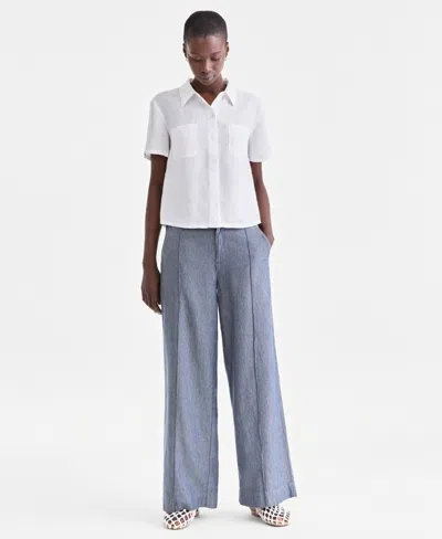 Charter Club Women's 100% Linen Woven Pleated Wide-leg Pants, Created For Macy's In Blue